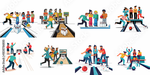 Collection of bowling illustrations depicting diverse people having fun, striking pins, and enjoying friendly competition at the alley.