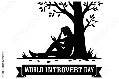 silhouette of a World Introvert Day,
Woman Under Tree Observing World Introvert Day,
Vector Illustration
