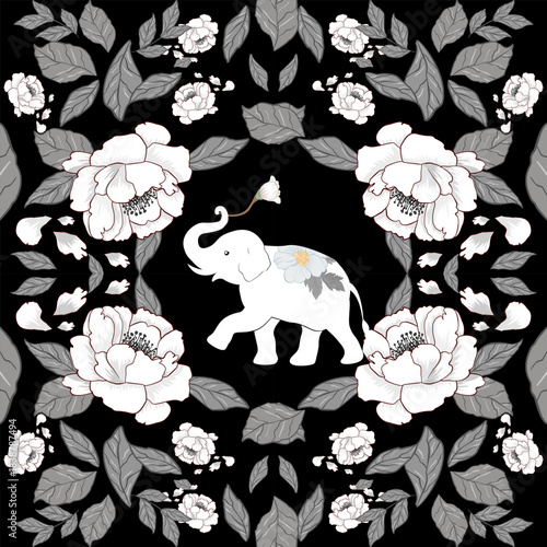 Elegant floral pattern featuring a white decorative elephant surrounded by soft pastel blossoms, perfect for textiles, print design, and stylish background applications.