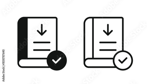 Book download icon. E book download icon. Down arrow on book with tickmark concept