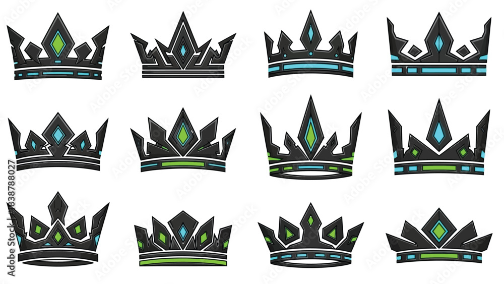 Fototapeta premium Cyberpunk and Futuristic Crowns Icon Set with Neon Accents