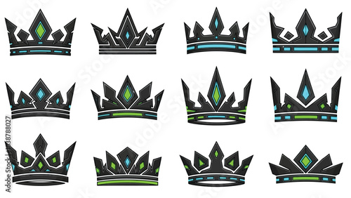 Cyberpunk and Futuristic Crowns Icon Set with Neon Accents
