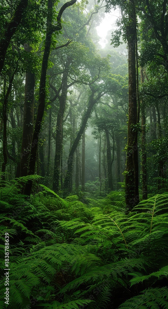 Fototapeta premium Dense tropical jungle environment featuring vibrant green ferns, massive canopy trees, and humid air, representing endangered ecosystems ,terrain ,undergrowth ,jungle