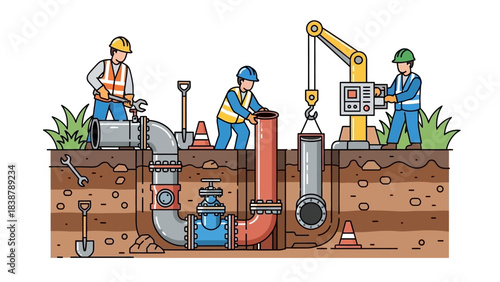 Illustration of construction workers installing underground pipes with a crane