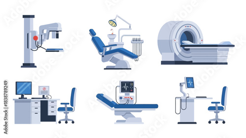 Collection of medical equipment illustrations including MRI machine, dentist chair, and hospital furniture on white background