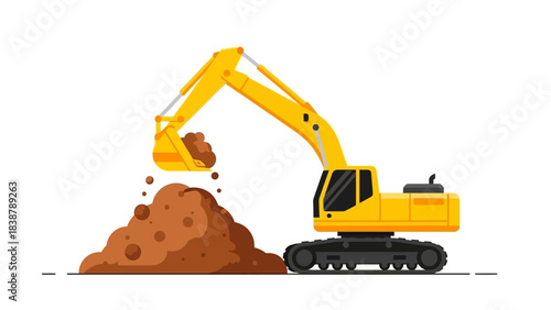 A yellow excavator digging into a pile of brown dirt with a sparkle effect on its transparent bucket against a clean white background.