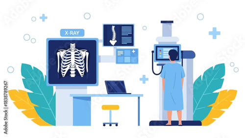 Illustration of a medical professional operating an X-ray machine in a modern clinic with a blue and white color scheme.