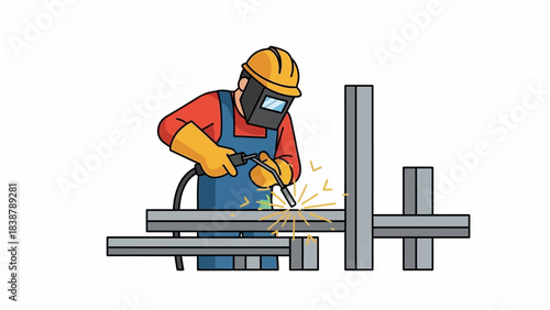 Illustration of a worker welding metal pipes with protective gear on