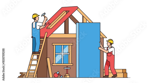 Two construction workers building a house with a blue wall panel