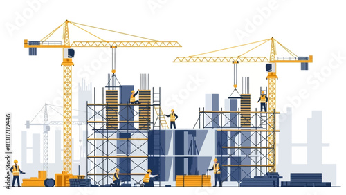 Illustration of construction site with workers and cranes building a skyscraper