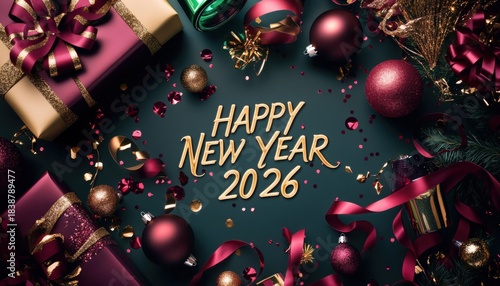 Festive arrangement of celebratory elements conveys a greeting for the forthcoming year two thousand twenty six