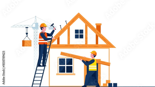 Two construction workers building a house with a crane and ladder