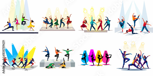 Set of vector illustrations depicting professional dancers performing various styles, highlighted by colorful stage spotlights on a white background.