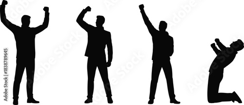 Businessman victory silhouettes celebrating success, cheering, raising arms, winning poses, joyful achievement expressions, motivational triumphant business concept illustration