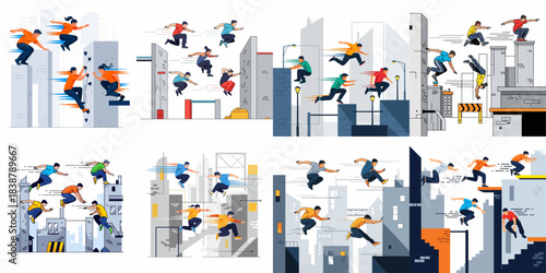 Dynamic vector set of athletes performing parkour and freerunning stunts, jumping, climbing, and running across diverse modern city architecture and rooftops.