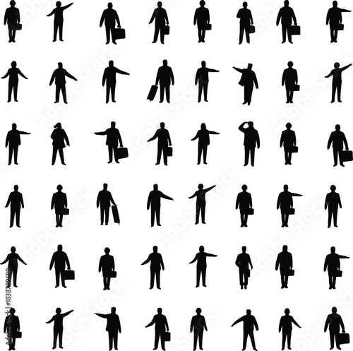 Large collection of businesspeople silhouettes in various walking, pointing, standing, and carrying poses with briefcases and luggage gestures