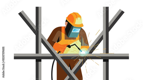 Illustration of a welder in orange safety gear welding metal beams on a white background