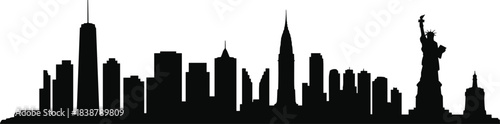 Silhouette of New York City skyline featuring iconic skyscrapers and the Statue of Liberty in a bold urban panorama