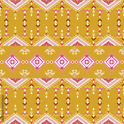 Traditional abstract tribal fabric print. Continuous border design for textile, wallpaper, fashion, and bright background.