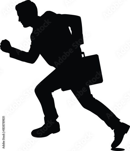 Silhouette of running businessman holding briefcase in dynamic motion, symbolizing urgency, speed, career ambition and professional determination