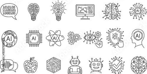 Hand drawn artificial intelligence icon set featuring robotics, brain, and machine learning doodle vector symbols.