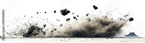 Conceptual illustration of mountain cliffs and flying dust particles.