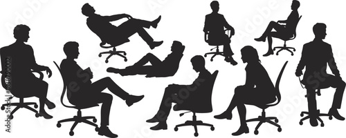 Silhouettes of business people sitting in office chairs in various relaxed poses representing workplace comfort, discussion and teamwork dynamics