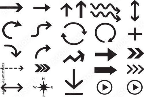 Collection of various black arrow and direction symbols on a white background