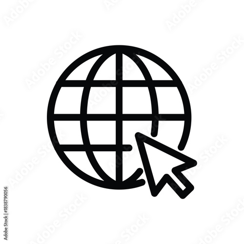 Minimalist globe icon with a cursor pointer, representing internet browsing, global access, online navigation, and worldwide connectivity