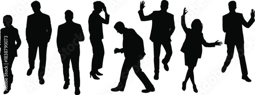 Silhouettes of business people standing, walking, talking, and gesturing in dynamic professional poses for corporate and creative projects