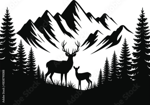 Silhouette of a majestic stag and fawn amidst a mountain forest landscape