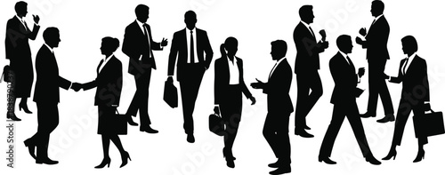 Silhouettes of business professionals interacting, walking, shaking hands, discussing ideas, representing teamwork communication collaboration and corporate workplace dynamics