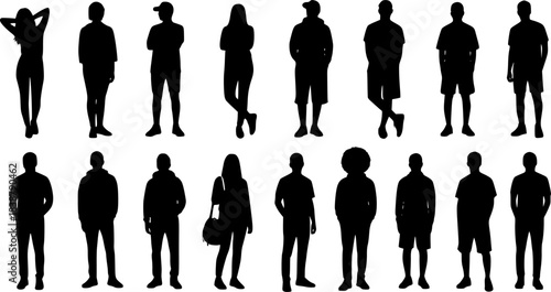 Vector silhouettes man and women, illustration. Silhouettes of young people posing in casual clothes.  Transparent background EPS version.
