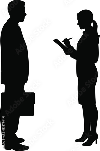 Silhouettes of businesswoman interviewing businessman with clipboard and pen during professional conversation, meeting, consultation, reporting or information gathering