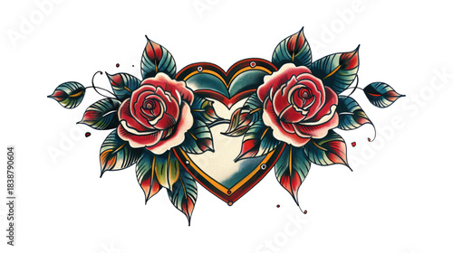 Vintage Heart with Roses Tattoo Illustration