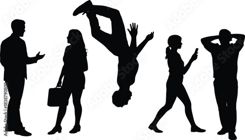 Silhouettes of diverse people walking, talking, flipping, using phone, and posing in various everyday actions and dynamic body movements