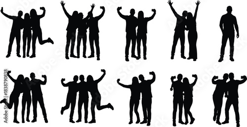 Silhouettes of friends posing together, celebrating, taking selfies, cheering, and expressing joy in various group social scenes