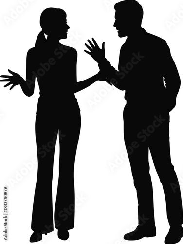 Silhouettes of man and woman talking with expressive gestures, communication concept showing discussion, disagreement, and conversational body language