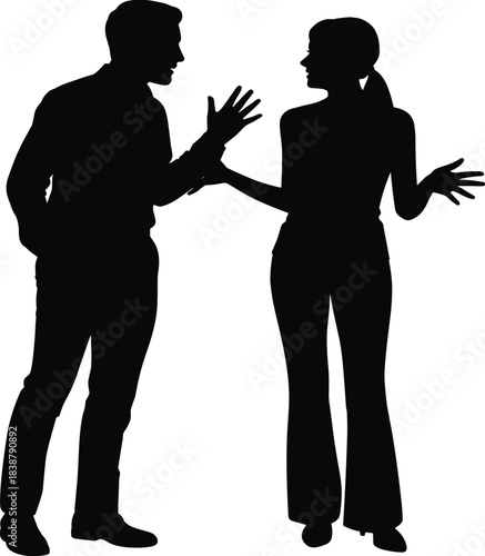 Silhouettes of man and woman talking with expressive hand gestures, discussing ideas or disagreement in communication and interaction scene