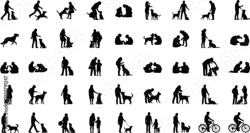 Silhouettes of people walking, training, playing, and bonding with dogs in various poses for pet, family, and lifestyle projects