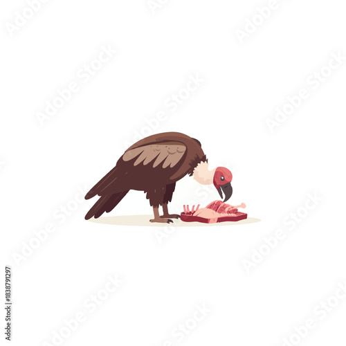 Cartoon vulture devouring carrion on a white background creating a simple and comical illustration