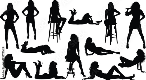 Silhouettes of women posing in standing, sitting, and reclining model positions for fashion, beauty, artistic design and illustration use