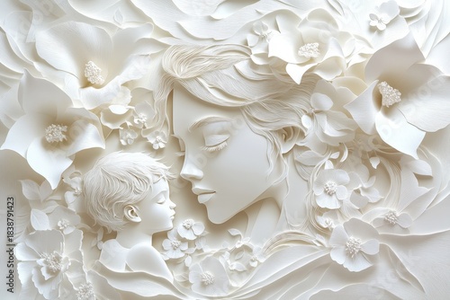 Delicate white bas-relief sculpture depicts a mother and child surrounded by intricate floral elements