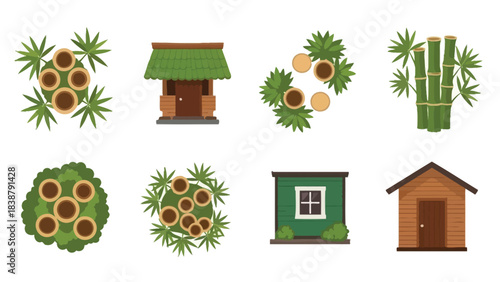Simplified outdoor assets featuring houses, sheds, and various plants in top-down and front views