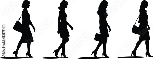 Silhouettes of women walking with handbags in various stylish poses for fashion, lifestyle, design, illustration, and animation projects
