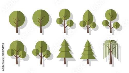 A vibrant array of modern minimalist tree illustrations showcasing nature's diverse forms with