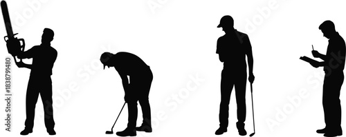 Silhouettes of workers and golfers performing various tasks including chainsaw handling, golfing actions and note-taking in professional settings