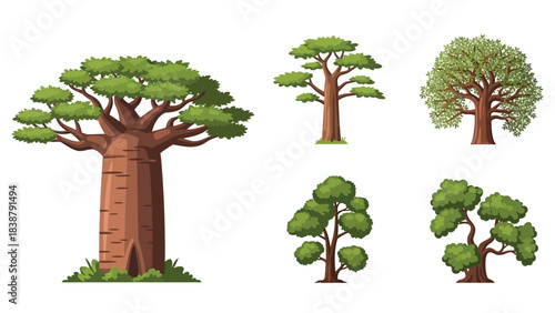 Charming cartoon tree assortment with varying shapes and leafy crowns for ecological themes