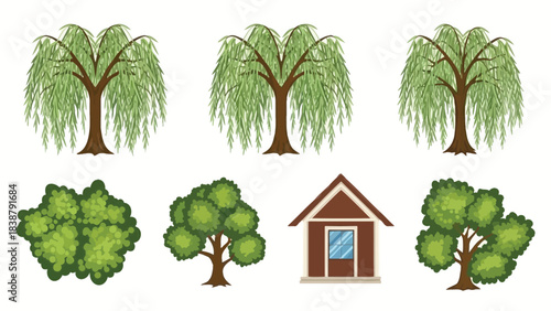 A charming collection of stylized nature elements and a quaint little house, perfect for