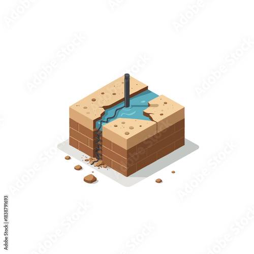 Isometric illustration showcasing a water break within layered earth with a dark pipe signifying a